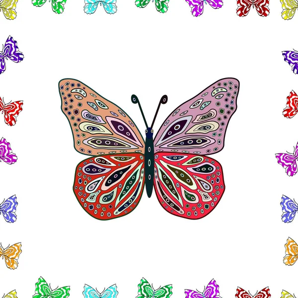 矢量图解 水彩斑斓的蝴蝶在中性 白色和红色背景下被隔离 在复古风格 漂亮的矢量蝴蝶 有春天的调色板 适合孩子们 — 图库矢量图片
