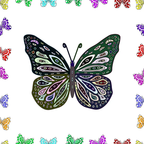 ファッションかわいい生地デザイン 灰色の背景に美しいカラフルな蝶の描かれたヴィンテージの手 — ストック写真