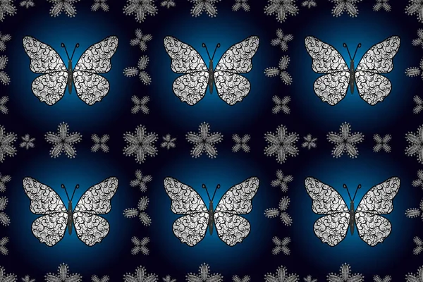 蝴蝶的背景是蓝色 黑色和白色的 用蝴蝶设计 无缝隙 无尽的 — 图库照片