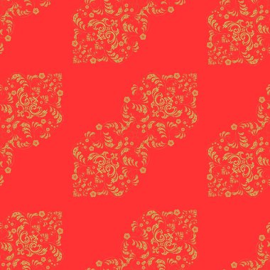 Altın desenli turuncu, sarı ve kırmızı renklerde altın elementler. Barok tarzında duvar kağıdı tasarımı için kusursuz damaske deseni arkaplanı. Süsleme.