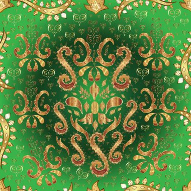 Klasik çiçek dokusu. Bej, yeşil ve kahverengi renklerde kraliyet retro 'su. Altın şablon. Kusursuz desenli altın elementler. Kart, duvar kağıdı, ambalaj, tekstil için klasik tasarım.