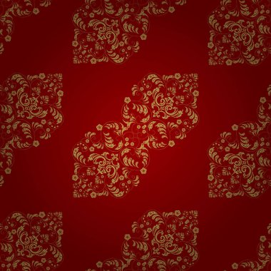 Sarı, kırmızı ve nötr renklerde altın bir element. Altın çiçekli, pürüzsüz desen. Damask arkaplanı. Barok tarzında altın çiçekli süs..
