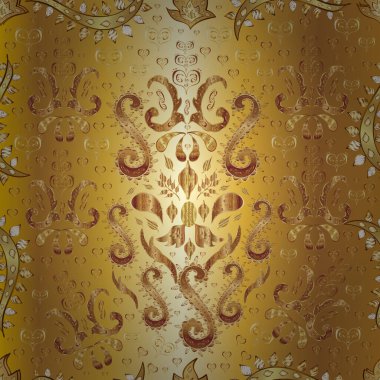 Kahverengi, bej ve sarı renklerde altın elementlerle kusursuz desen. Vektör doğu süsü. Kusursuz altın desen.