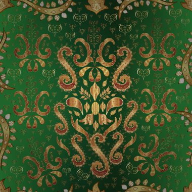 Kusursuz soyut bir arkaplan. Vektör çizimi. Oriental vektör klasik kahverengi, yeşil ve bej ve altın desenli.