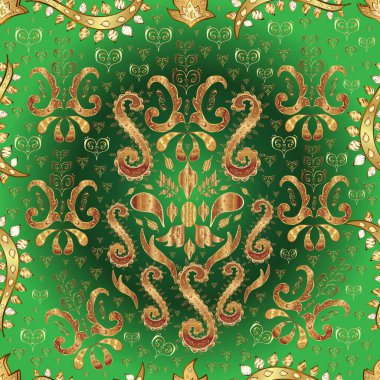 Doğu tarzı arabesk. Vektör. Kusursuz altın desenli bukleler. Hassas deseni aç. Kahverengi ve altın elementli yeşil renklerde pürüzsüz desen. Parlak dantel, stilize çiçekler, şal desenli.
