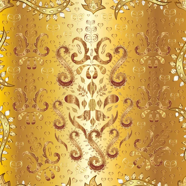 Απρόσκοπτη Μοτίβο Μπεζ Κίτρινα Και Καφέ Χρώματα Χρυσά Στοιχεία Κλασικό — Διανυσματικό Αρχείο