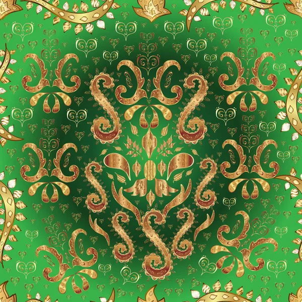 Doğu tarzı arabesk. Vektör. Kusursuz altın desenli bukleler. Hassas deseni aç. Kahverengi ve altın elementli yeşil renklerde pürüzsüz desen. Parlak dantel, stilize çiçekler, şal desenli.
