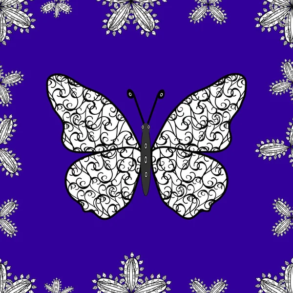 나비의 이미지 나비는 파란색 검은색의 바다없는 무늬를 가지고 Doodle Sketch — 스톡 사진