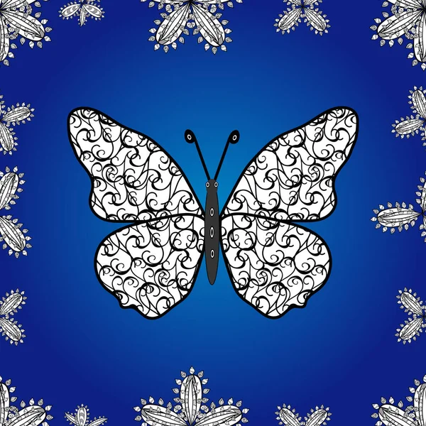 Бабочки Летающие Цветочных Джунглях Оформляют Книжные Страницы Фотографии Синем Белом — стоковый вектор