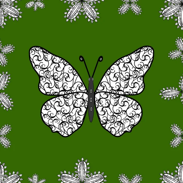Kelebekler Yeşil Beyaz Siyah Renklerde Kusursuz Desenler Çizerler Şirin Vektör — Stok Vektör