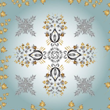 Dekoratif simetri arabesk. Kusursuz ortaçağ çiçek deseni. Gri, mavi ve nötr renklerde altın. Doğum günü, davetiye ya da afiş için tebrik kartı.
