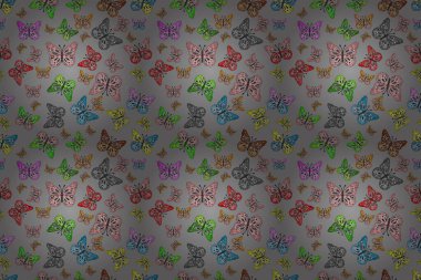 Raster illüstrasyonu. Renkli kelebeklerin kusursuz arka planı. Ambalajlar, duvar kağıtları, kumaş tasarımı ve kağıt için güzel bir arka plan. Mavi, yeşil ve beyaz üzerinde sevimli kelebekler.