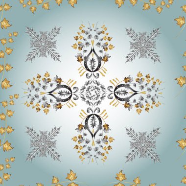 Vektör doğu süsü. Kusursuz altın desen. Gri, nötr ve mavi renklerde altın elementlerle kusursuz desen.