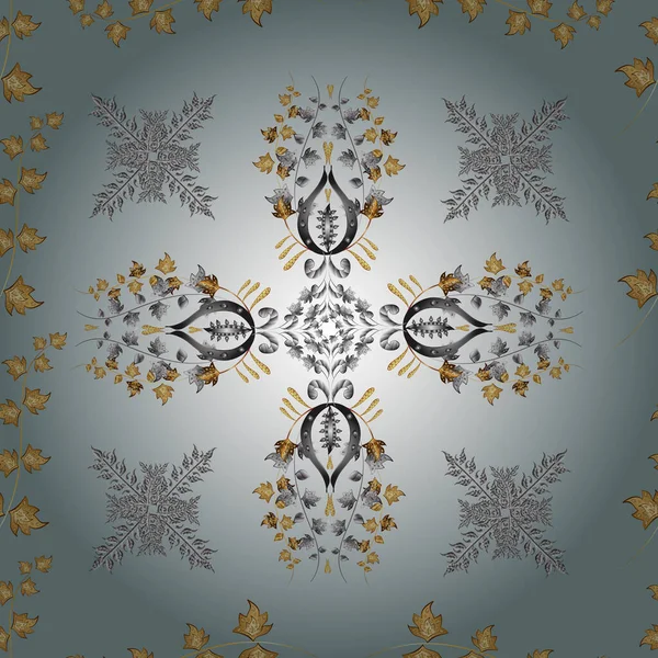 Vektör doğu süsü. Altın desenli mavi, nötr ve gri renkte altın elementler. Kusursuz altın desen.