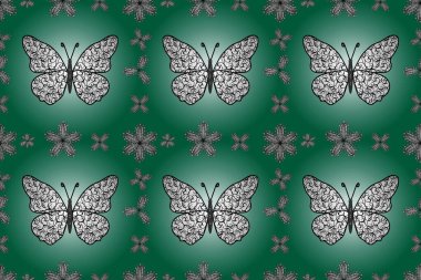 Yeşil, beyaz ve siyah üzerine kusursuz bir kelebek örtüsü. Bahar Kelebeği teması. Giysi kumaşı için böcek dokusu parçası tekrarlanıyor. Çizim, karalama, karalama. Sonsuz. skeç.