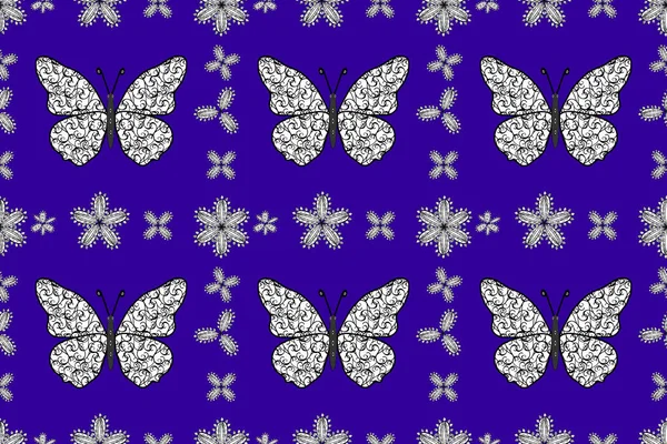 Mavi Beyaz Siyah Arka Planda Kelebek Deseni Var Kumaş Tekstil — Stok fotoğraf