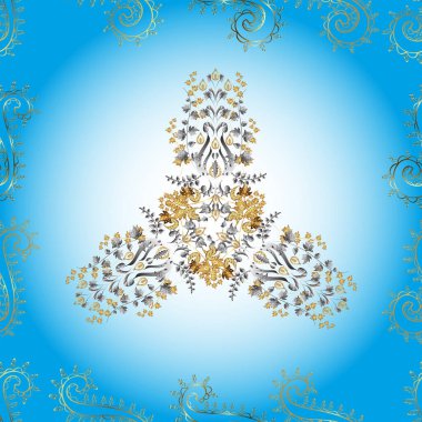 Vektör çizimi. Kusursuz desenli altın elementler. Altın şablon. Klasik çiçek dokusu. Kart, duvar kağıdı, ambalaj ve tekstil için klasik tasarım. Gri, mavi ve nötr renkler üzerinde kraliyet retro.