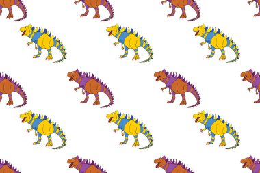 Dinozorlarla birlikte geometrik kusursuz desen. Renkli kertenkele benzeri dinozorlar paketleme ya da giydirme için. Saurischian dinozorları.