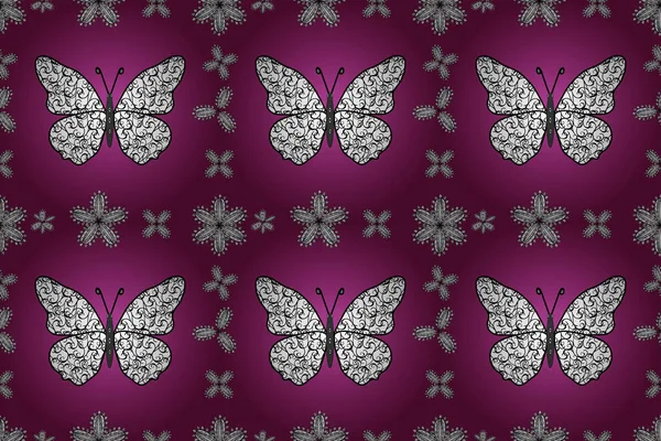 Вінтажна Рука Намальована Красивими Барвистими Метеликами Фіолетовому Білому Чорному Тлі — стокове фото
