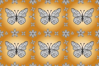 Kelebeklerle kusursuz desen. Kumaş, kağıt, ambalaj kâğıdı ve duvar kağıdı tasarımı için hoş bir arka plan. Turuncu, bej ve beyaz.