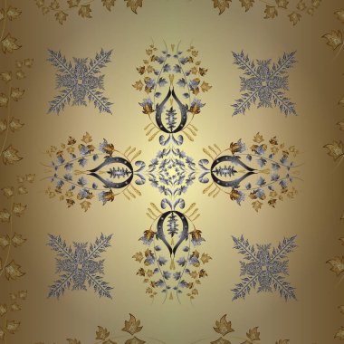 Barok tarzında altın çiçekli süs. Doku arka planında altın duvar kâğıdı. Bej, sarı ve gri renklerde altın element. Damask kusursuz yinelenen arkaplan.