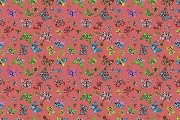 シームレスだ グレー ブラック ピンクの背景に隔離されたウェブデザインのための蝶のカラーアウトラインセット — ストック写真