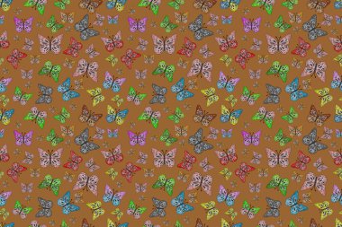 Kumaş, kağıt, ambalaj kâğıdı ve duvar kağıdı tasarımı için harika bir arka plan. Kelebek desenli siyah, gri ve kahverengi. Kusursuz..