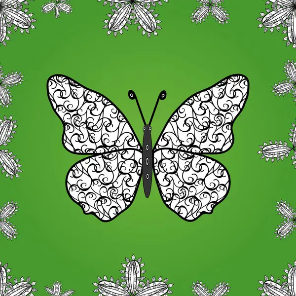 Nahtloses Muster Bunter Schmetterlinge Auf Grünem Weißem Und Schwarzem Hintergrund — Stockvektor