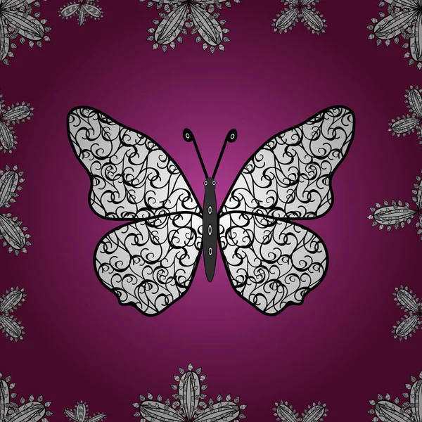 Vecteur Vintage Dessiné Main Beaux Papillons Colorés Sur Fond Violet — Image vectorielle