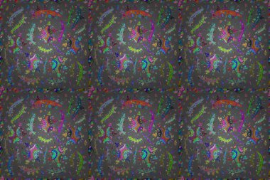 Renkli arkaplanda ilginç karalamalar olan kusursuz desen. Pano. Raster illüstrasyonu. Çizimler.