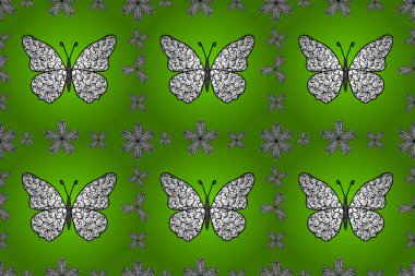 Renkli kelebeklerin kusursuz arka planı. Giysi tasarımı için yeşil, beyaz ve siyah arkaplan üzerine dekorasyon. resimleme.