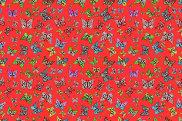 Fashion Fabric Design. Endless. Sketch, doodle, scribble. Seamless abstract floral background with butterflies.