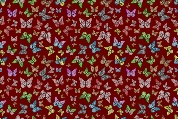 グレー 赤と黒の上にブロッターとかなりシームレス蝶の布のテクスチャ 壁紙のための虫のファブリックアートワークを繰り返します 春蝶かわいいテーマ — ストック写真