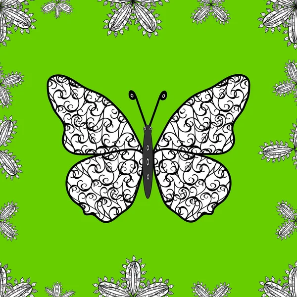 Плед Бабочка Текстильной Печати Иллюстрация Зеленый Белый Черный Цвета Скрибл — стоковый вектор