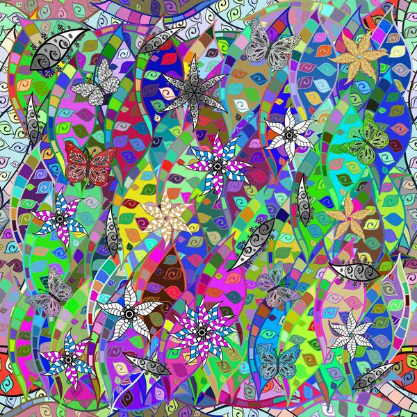 El çizimi çiçekli, soyut, pürüzsüz desen. Yeşil, nötr ve mavi renkte çiçekler.