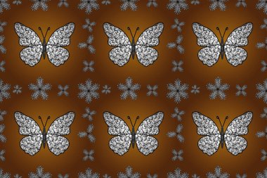 Elin kusursuz deseni suluboya desenli siluet kelebekleri. Kahverengi, beyaz ve siyah renkli bir resim. Çizim. Klasik tarzda..