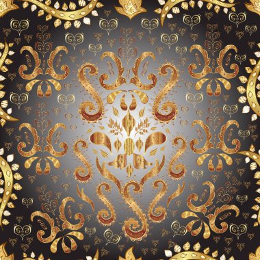 Duvar kâğıdı barok, İspanyol kumaşı. Şık bir grafik desen. Çiçek deseni. Bej, gri ve kahverengi renklerde altın elementler. Arkaplan.