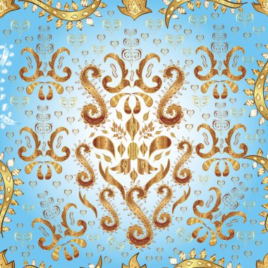 Altın kıvrımlı kumaş. Parlak dantel, stilize çiçekler, şal desenli. Hassas altın deseni açın. Doğu tarzı arabesk. Altın elementlerle bej, mavi ve nötr renkte desen.