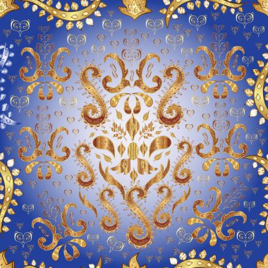 Tasarım için Damask deseni. Altın elementlerle bej, kahverengi ve mavi renkte vektör deseni.