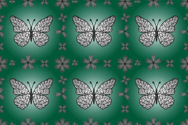 漂亮无缝蝴蝶布背景绿色 白色和黑色 春天蝴蝶的主题 重复昆虫面料对服装面料的影响 无尽的 — 图库照片