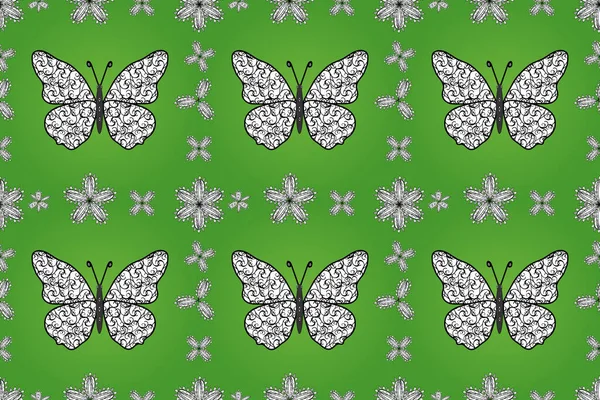 没有缝隙的五彩斑斓的蝴蝶 奇幻彩色照片集 在绿色 白色和黑色背景上装饰服装风格 蝴蝶的设计 — 图库照片