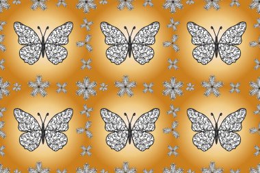 Kelebeklerle kusursuz desen. Kumaş, kağıt, ambalaj kâğıdı ve duvar kağıdı tasarımı için hoş bir arka plan. Turuncu, bej ve beyaz.