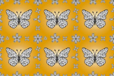 Dekoratif el çizimi kelebekler. Sarı, beyaz ve siyah renkli resim. Güzel kumaş tasarımı..