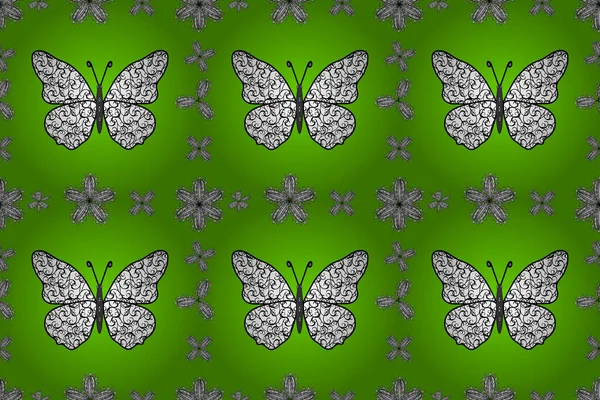 色彩斑斓的蝴蝶的无边背景 在绿色 白色和黑色背景上装饰服装设计 — 图库照片