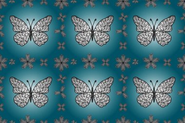 Nakış, egzotik kelebeklerle süslenmiş çiçeksiz desenler. Giysi tasarımı için mavi, beyaz ve siyah arkaplan üzerine geleneksel halk çiçekleri dekoru. Kart ve yazdırma için basit sevimli desen.