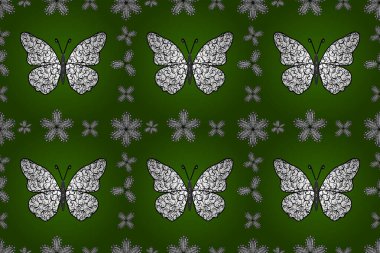 Kelebeklerle güzel bir moda modeli. Moda sevimli kumaş tasarımı. Yeşil, beyaz ve siyah renkli bir resim. Fantezi çizimi. resimleme.