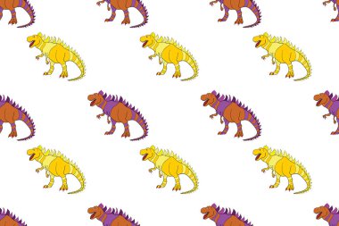 Dinozorlarla birlikte geometrik kusursuz desen. Renkli kertenkele benzeri dinozorlar paketleme ya da giydirme için. Saurischian dinozorları.