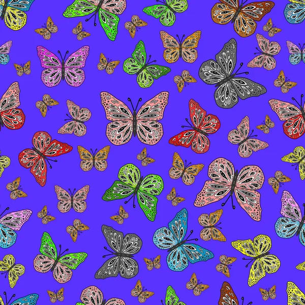 ファッションファブリックデザイン ヴァイオレット グレー ブラックカラーの写真 かわいい蝶の美しいシームレスなパターン 手描きイラスト — ストック写真