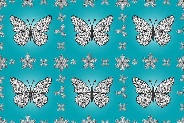 没有缝隙的背景来自明亮的蝴蝶 美丽的五彩斑斓的蝴蝶在蓝色 白色和黑色的颜色上飞舞 无缝隙的五彩斑斓的背景与飞蛾 适用于面料 — 图库照片