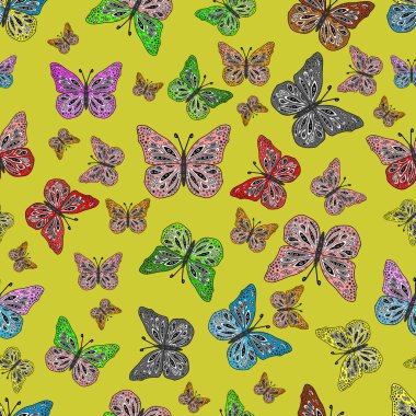 Çocuk kelebeklerin pürüzsüz deseni. Gri, sarı ve siyah arka planda güzel renkli kelebekler. Çocuk için vektör moda kelebekleri duvar kağıdı.